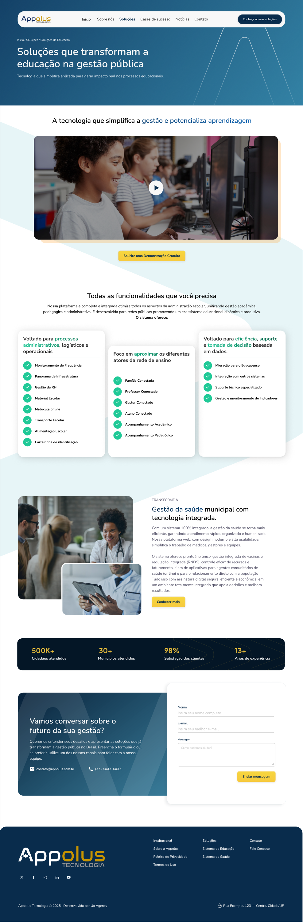 Página final de Soluções de Educação da Appolus, com funcionalidades organizadas por necessidades da gestão educacional