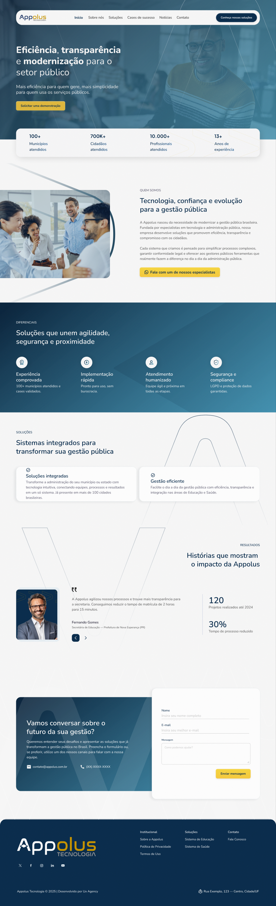 Home final do redesign Appolus: navegação para soluções, apresentação do valor, diferenciais e contato