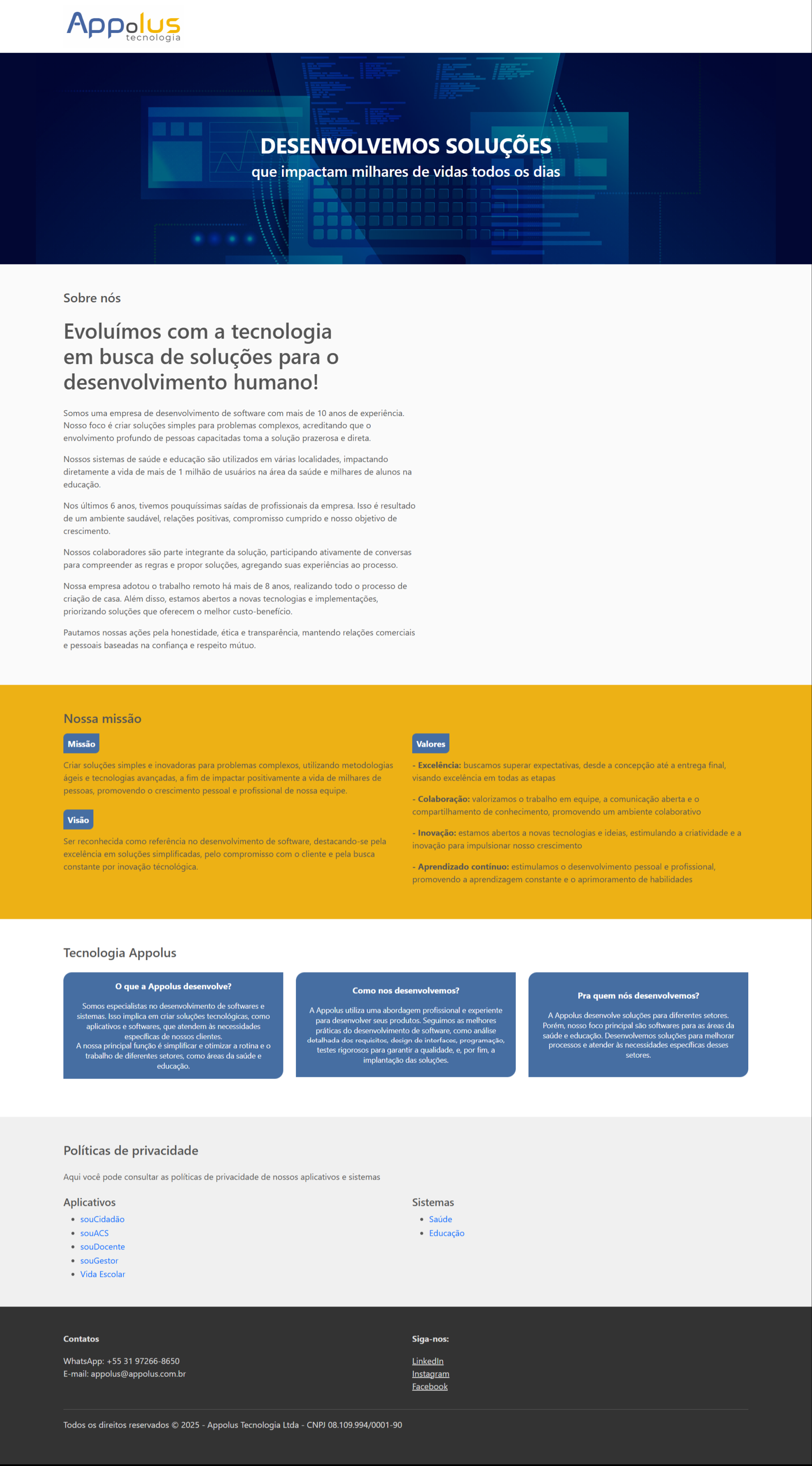 Site anterior da Appolus: apresentação institucional, missão, valores e descrição geral da tecnologia