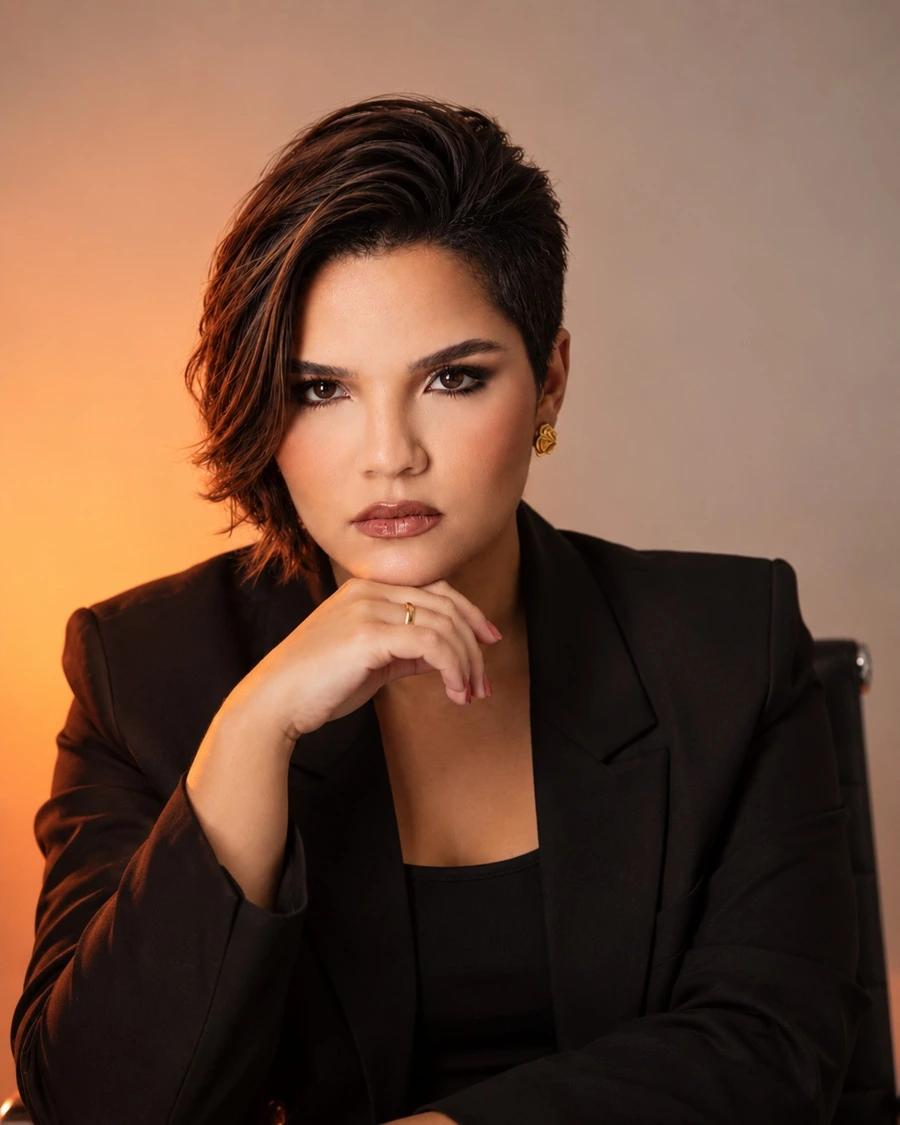 Retrato atual de Emilly Kamile, com blazer preto