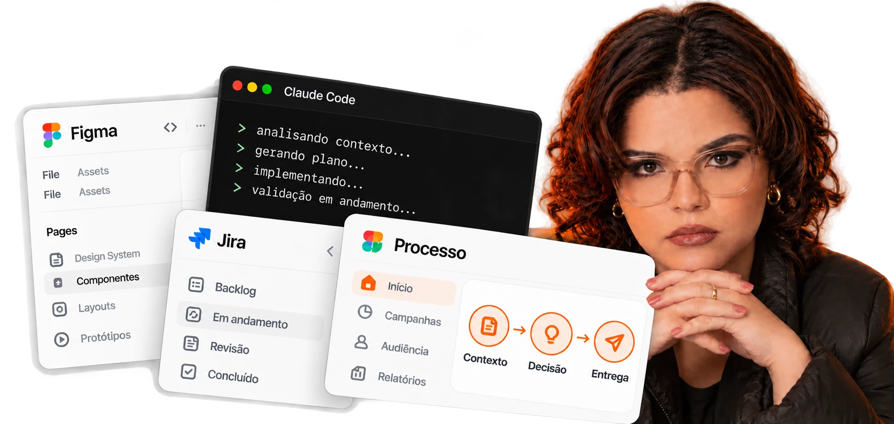 Emilly em composição visual com Figma, código, Jira e etapas do processo de entrega